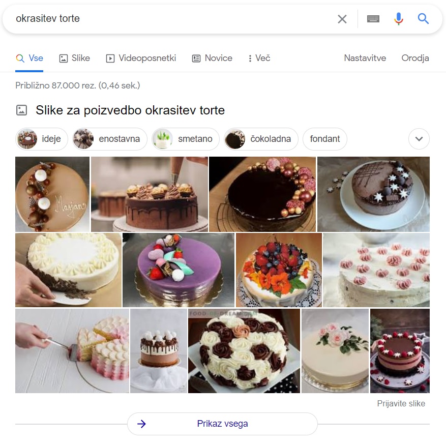 Okrasitev torte - rezultati na Googlu že obljubljajo veliko slikovnega materiala.